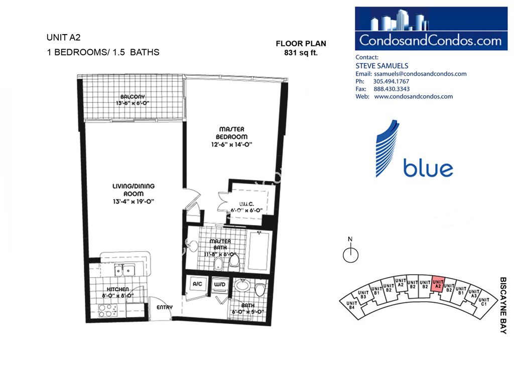Blue - Unit #A2 with 831 SF