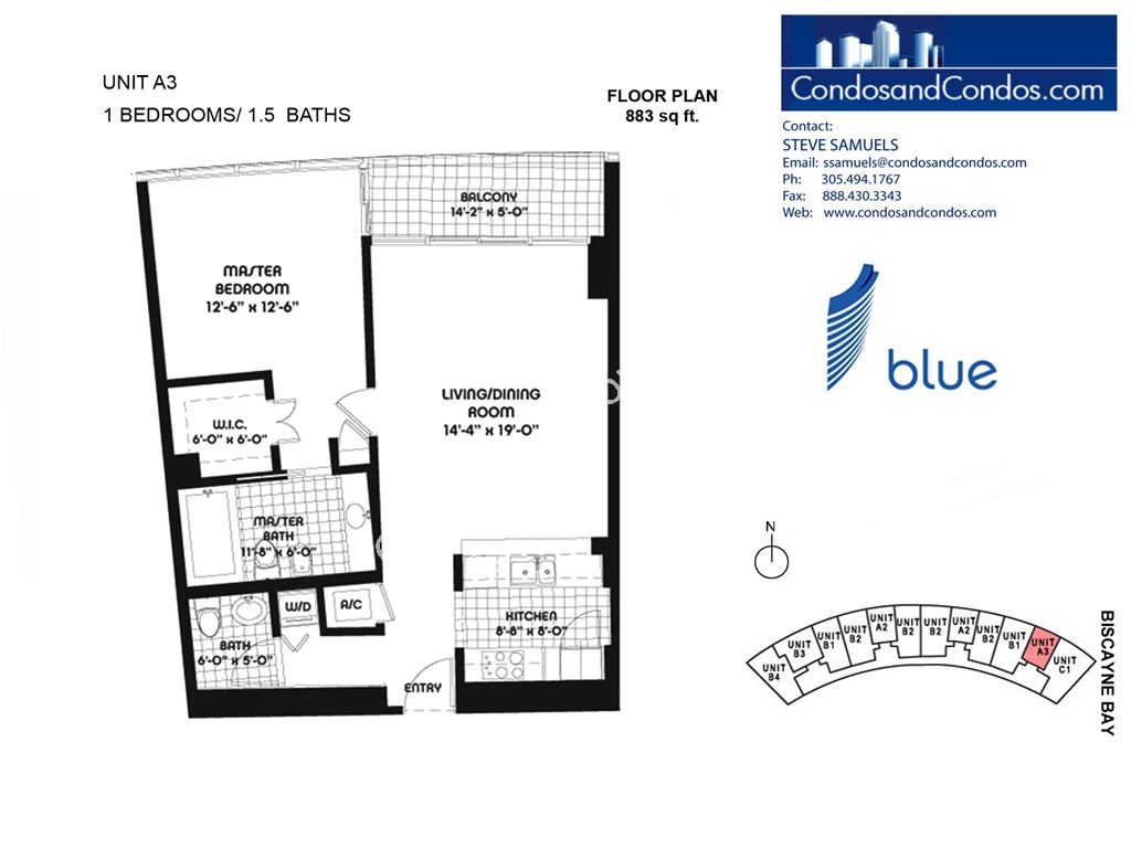 Blue - Unit #A3 with 883 SF