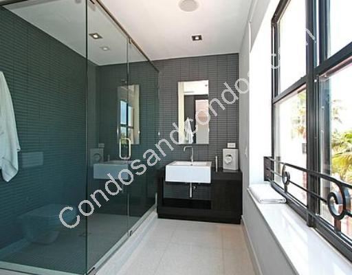 Spacious enclosed glass-wall shower and modern sink