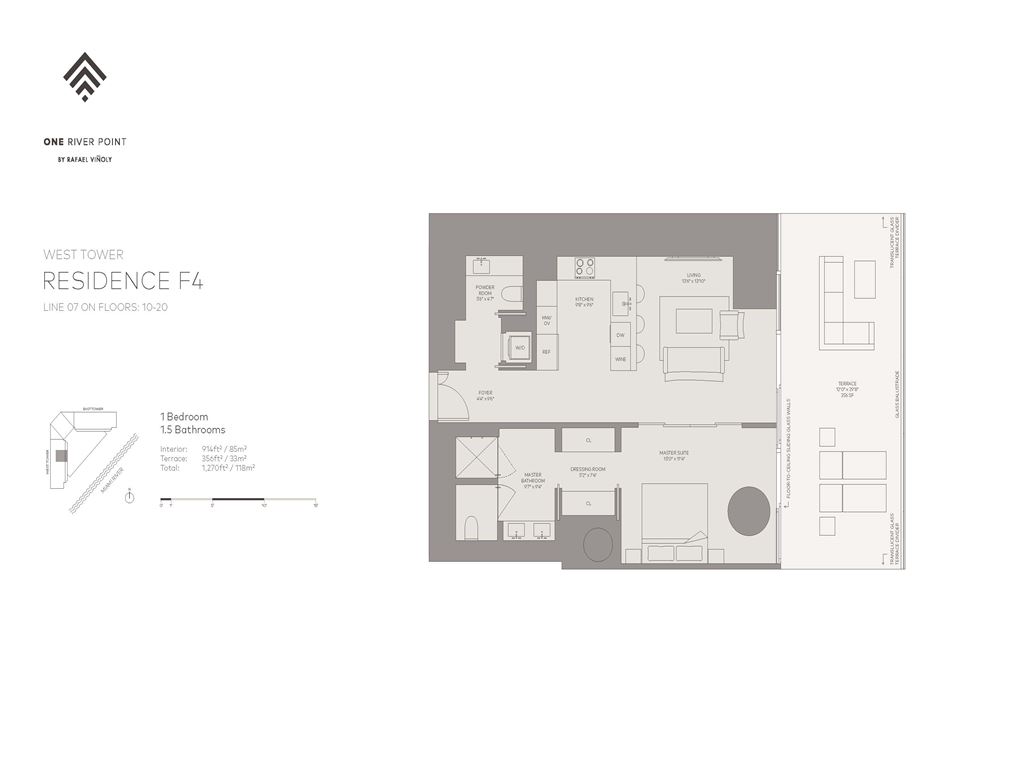 One River Point - Unit #07-W-Floors-10-20 with 914 SF