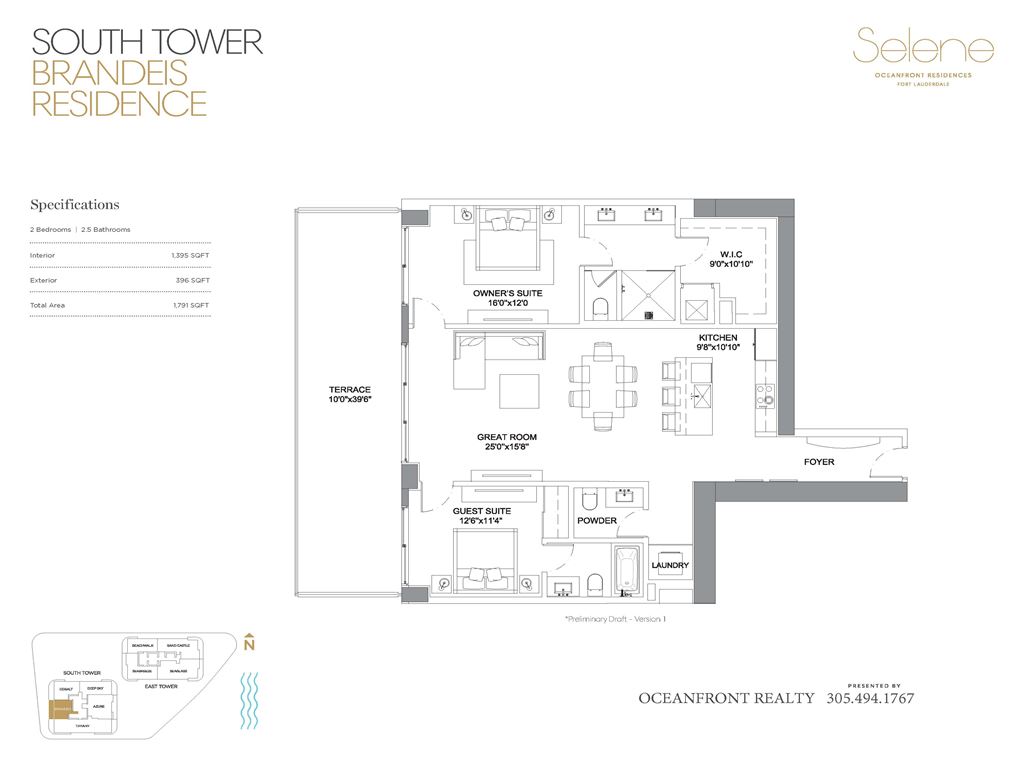 Selene Oceanfront Residences - Unit #Brandeis South Tower NW Exposure with 1395 SF
