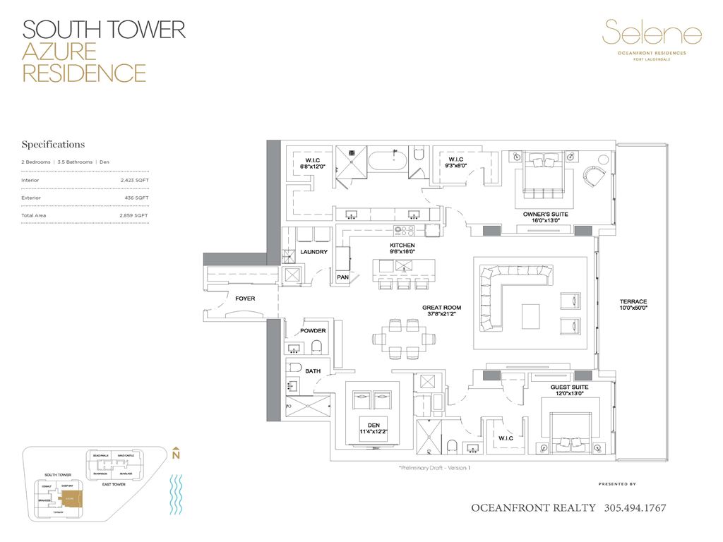 Selene Oceanfront Residences - Unit #Azure South Tower Direct Ocean SE Exposure with 2423 SF