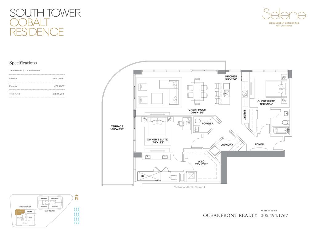 Selene Oceanfront Residences - Unit #Cobalt South Tower NW Exposure with 1680 SF