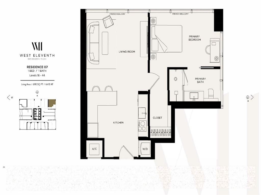 West Eleventh Residences - Unit #Line 07 Lvl 16-44 with 690 SF