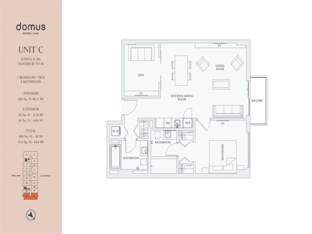 Domus Brickell Park - Unit #Model C-Units 01, 02 - Flrs 02 to 06 with 863 SF