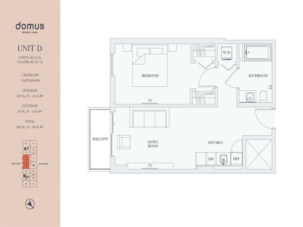 Domus Brickell Park - Unit #Model D-Units 08, 10, 12 - Flrs 02 to 12 with 578 SF