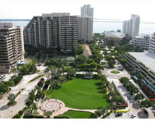 View of Brickell Key, village green, fountain and Brickell Key Market Place