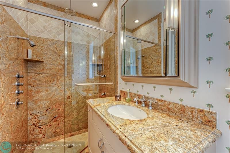 Walk in shower with granite counters and shower as one of the master bathrooms